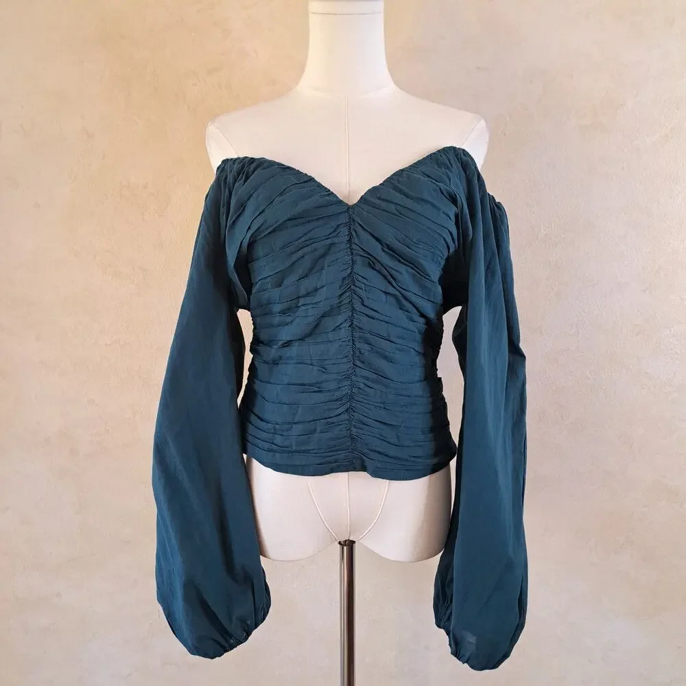 NWT ABERCROMBIE & FITCH Ruched V-Neck Puff Sleeve Smocked Cotton Top large Teal